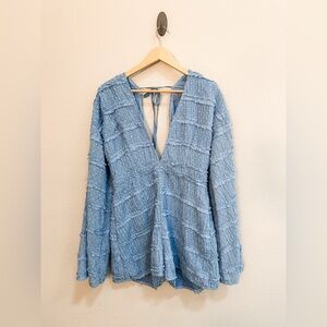 Pretty Little Thing Blue Long Sleeve Shorts Romper Large Textured Tie Back